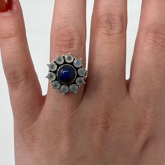 LABRADORITE + CHALCEDONY FLOWER RING